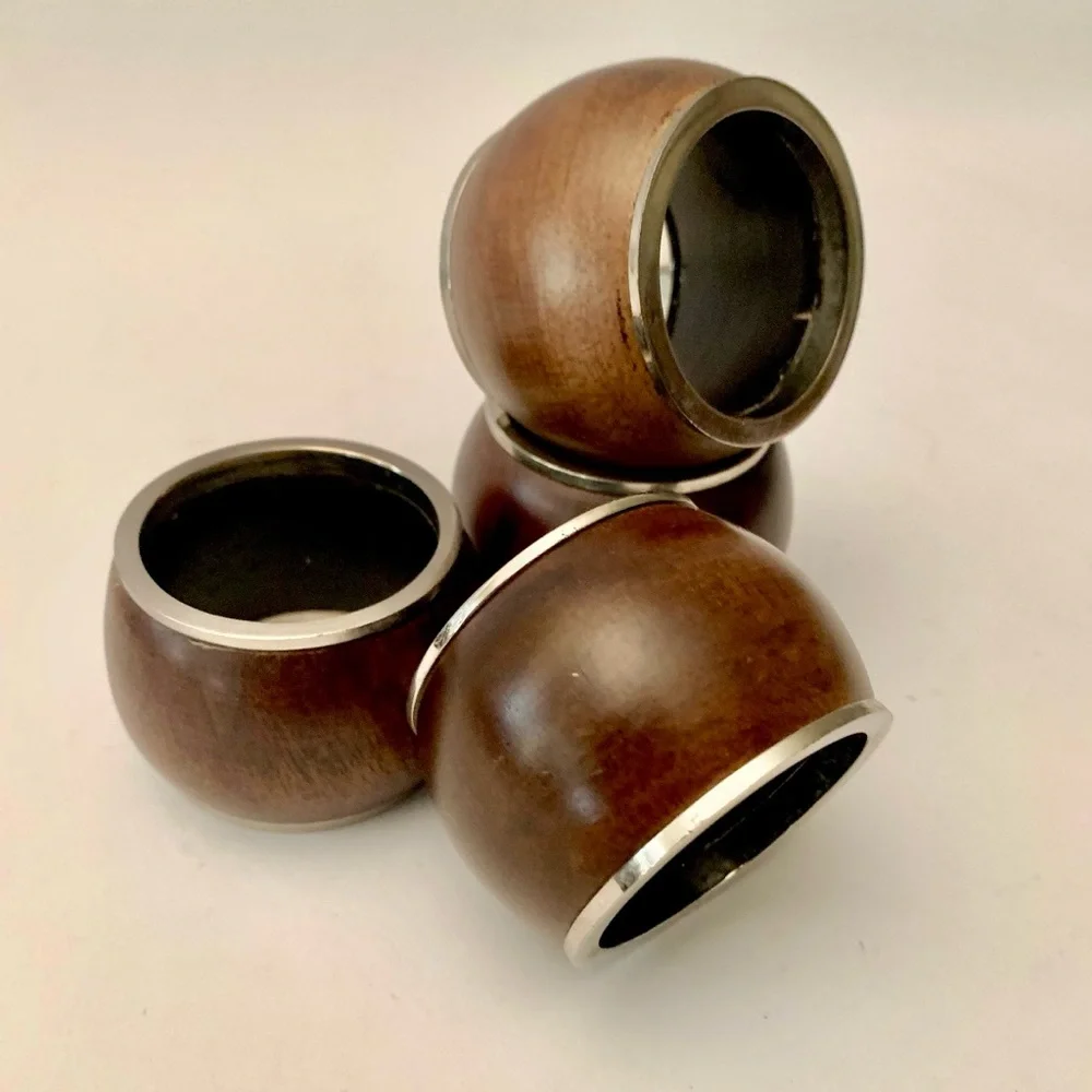 🍴 Lot 8 mango wood Williams-Sonoma Napkin Rings holders Brass Nickel NWT NIB WS